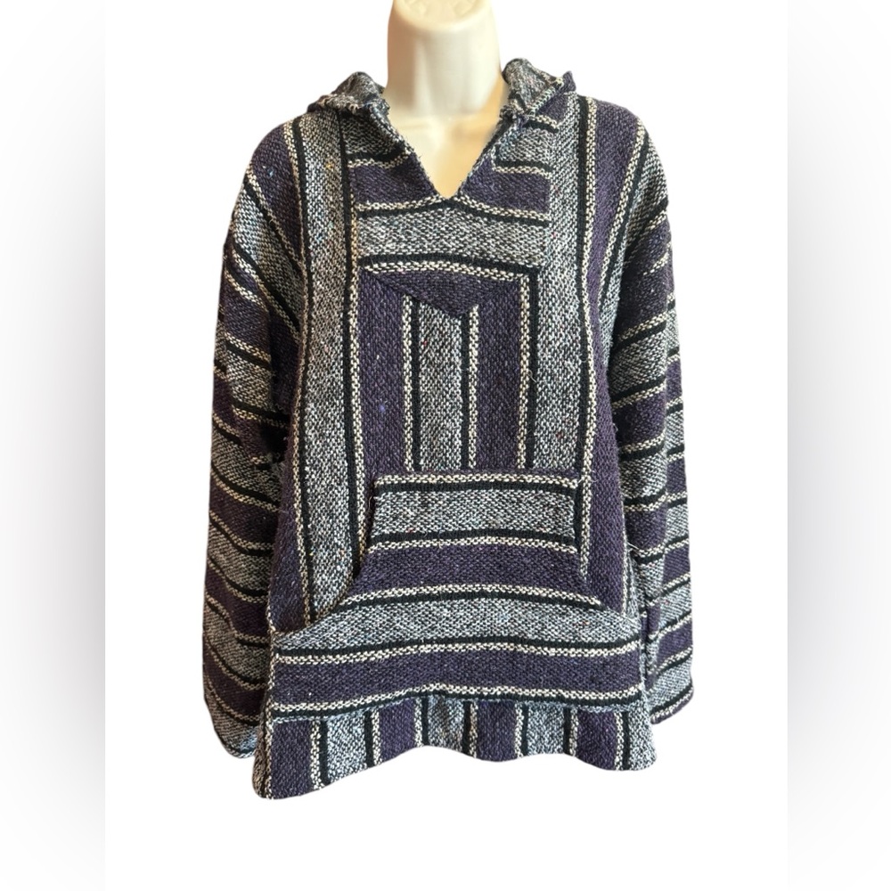 Frank's Textiles Poncho Size L Mexican Baja Hoodie Woven Pullover Purple Black